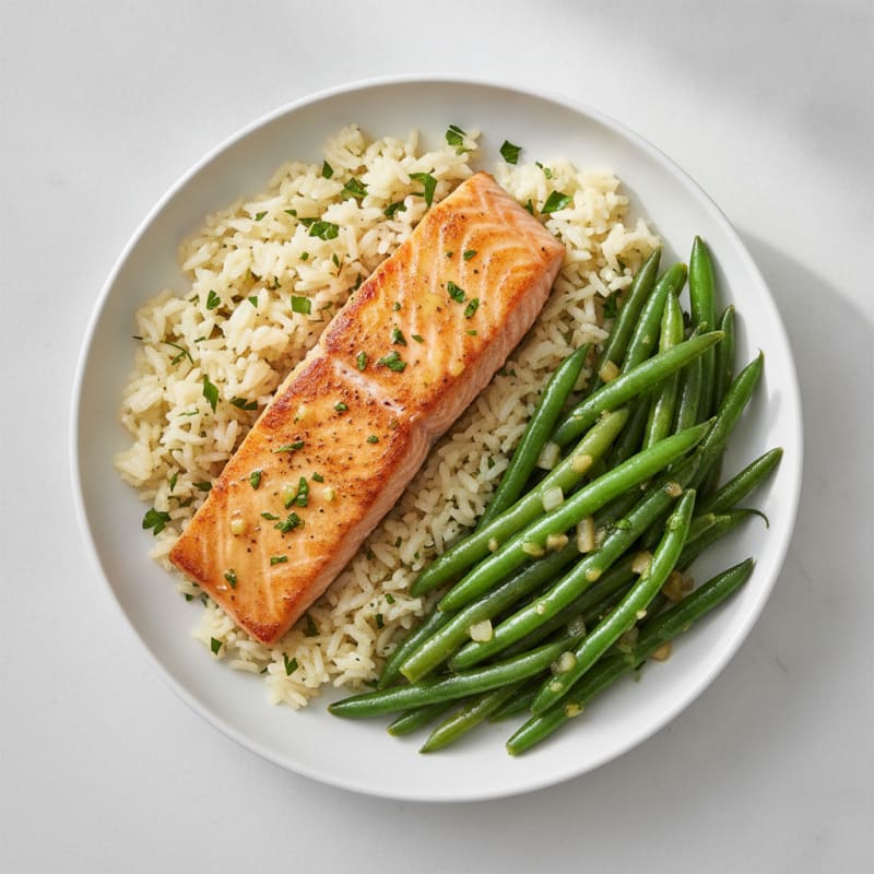 Seared Salmon Fillet with Rice Pilaf and Steamed Green Beans
