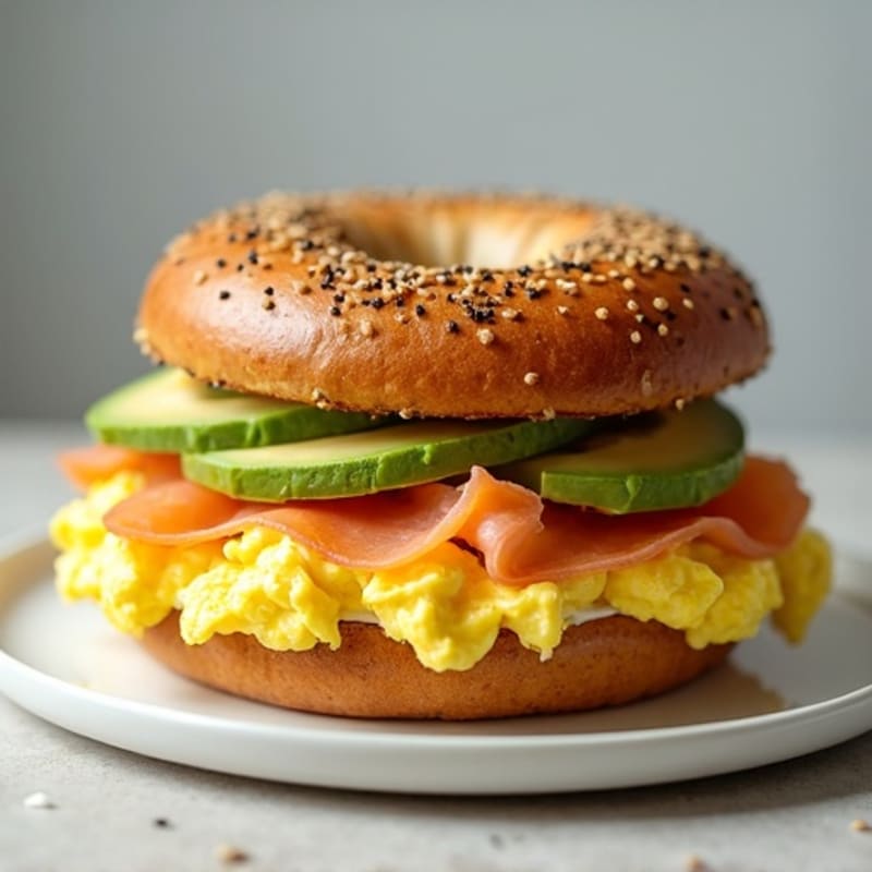 Protein-Packed Bagel Sandwich with Scrambled Eggs, Smoked Salmon, and Creamy Avocado