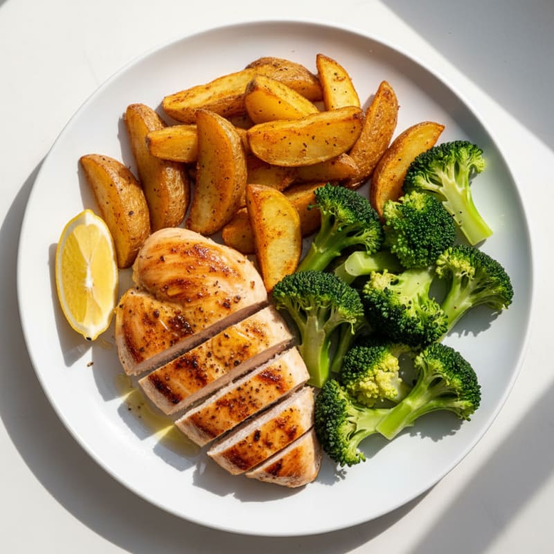 Seared Chicken Breast with Crispy Potato Wedges and Steamed Broccoli