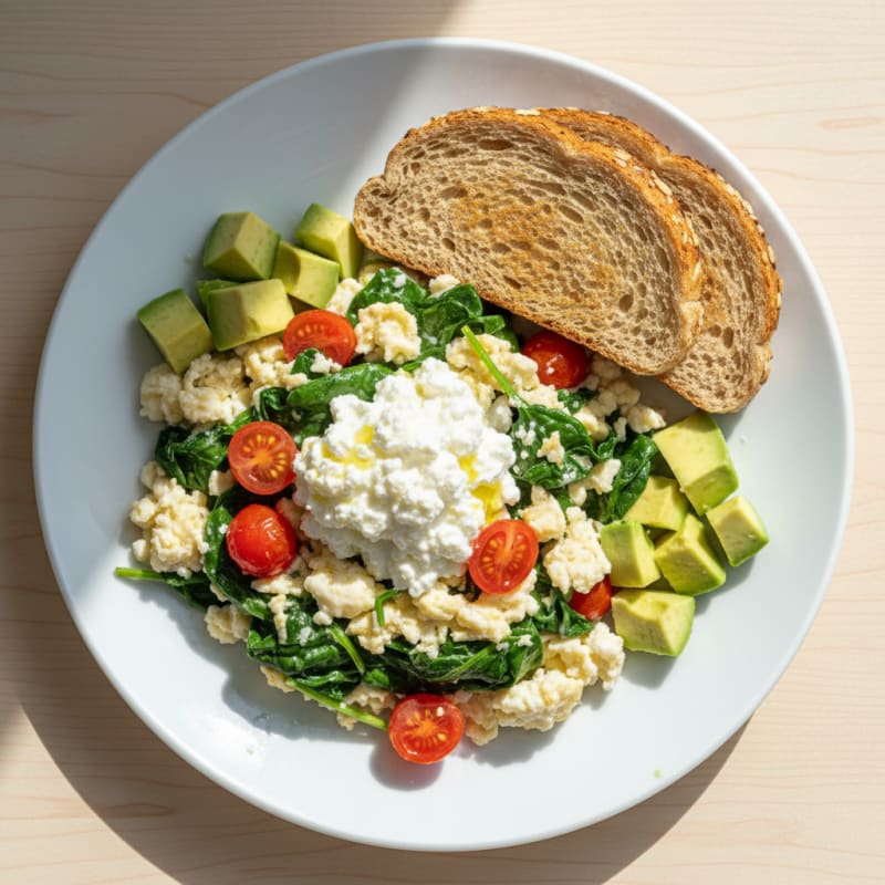 Egg White and Spinach Scramble with Cottage Cheese and Cherry Tomatoes