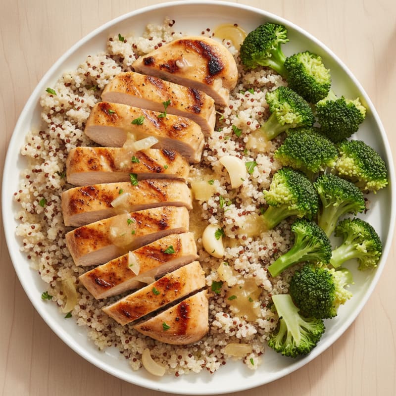 Grilled Lemon-Garlic Chicken Breast with Quinoa and Steamed Broccoli