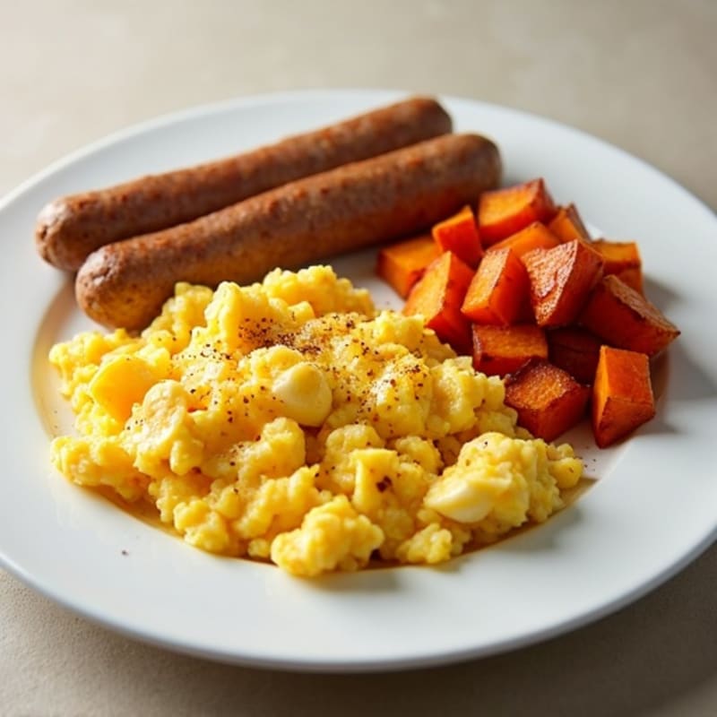 Egg White Scramble with Turkey Sausage and Roasted Sweet Potatoes