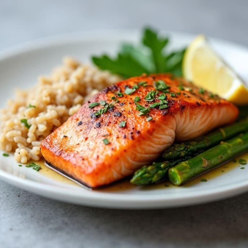 Seared Salmon Filet with Steamed Asparagus and Brown Rice