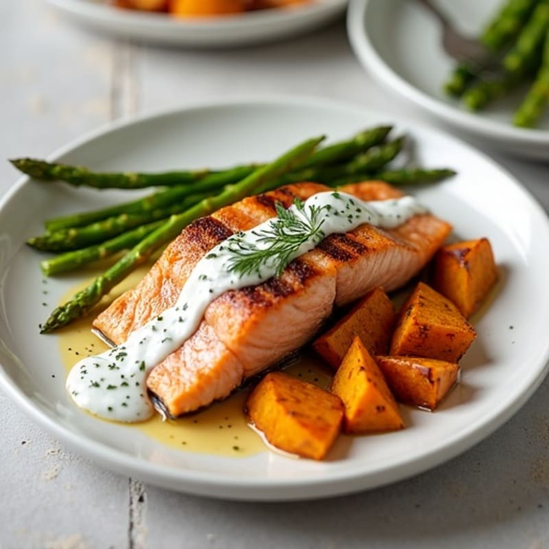 Seared Salmon with Roasted Sweet Potatoes and Asparagus