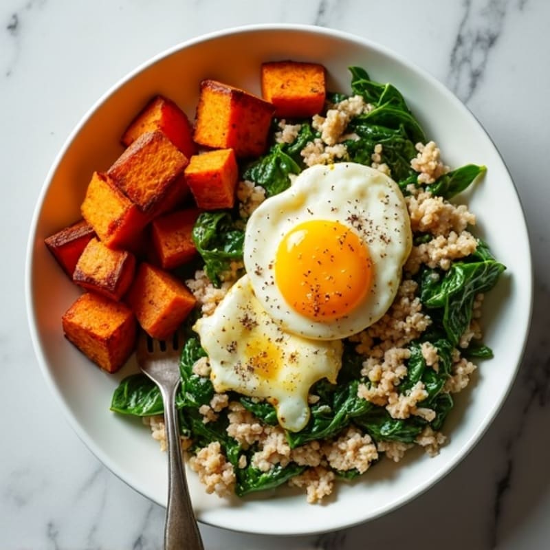 Egg White and Turkey Spinach Scramble with Roasted Sweet Potato