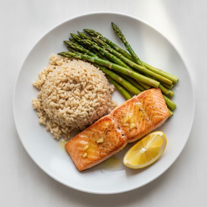 Seared Salmon with Steamed Asparagus and Brown Rice
