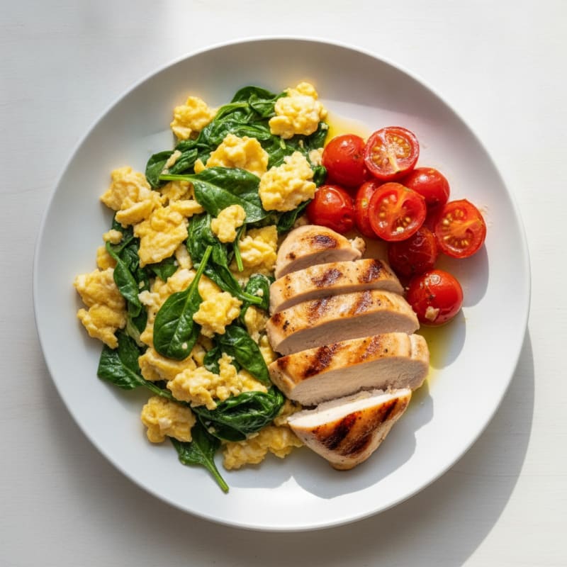 Scrambled Eggs with Spinach and Grilled Chicken