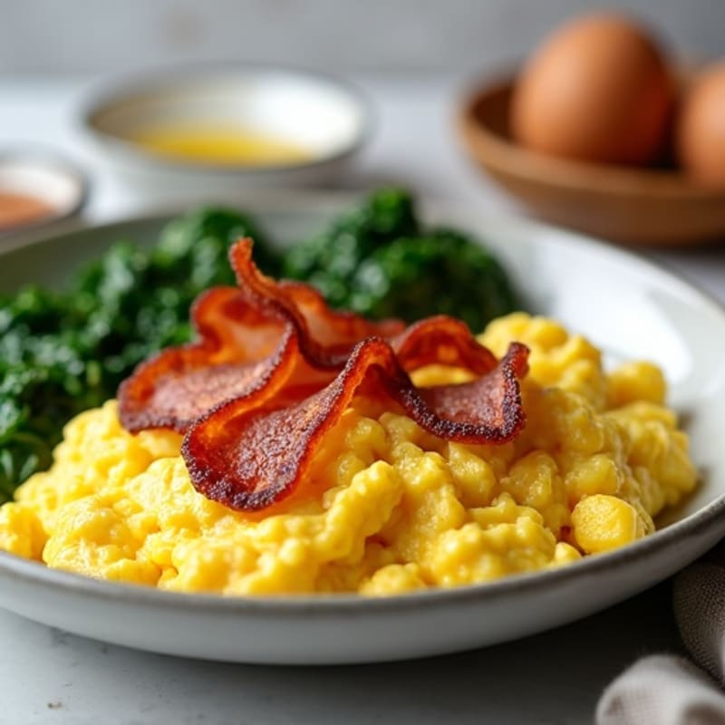 Creamy Scrambled Eggs with Sautéed Spinach and Crispy Turkey Bacon