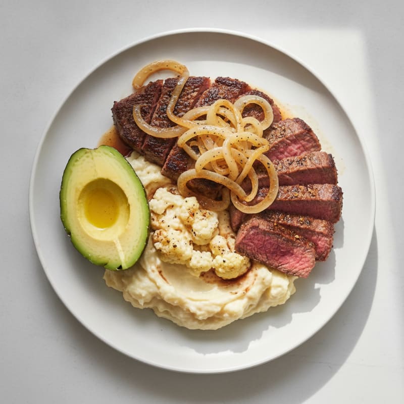 Seared Steak with Sautéed Onions and Roasted Cauliflower Mash