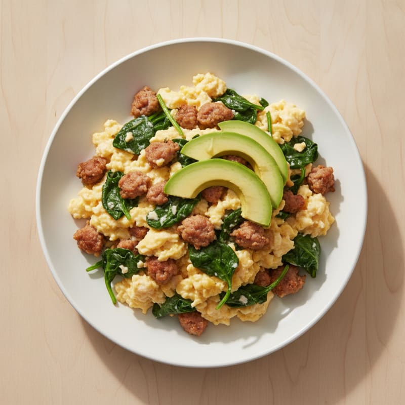 Creamy Scrambled Eggs with Turkey Sausage and Sautéed Spinach