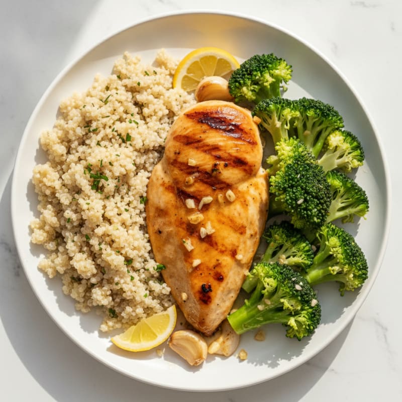 Grilled Lemon Garlic Chicken Breast with Quinoa and Steamed Broccoli