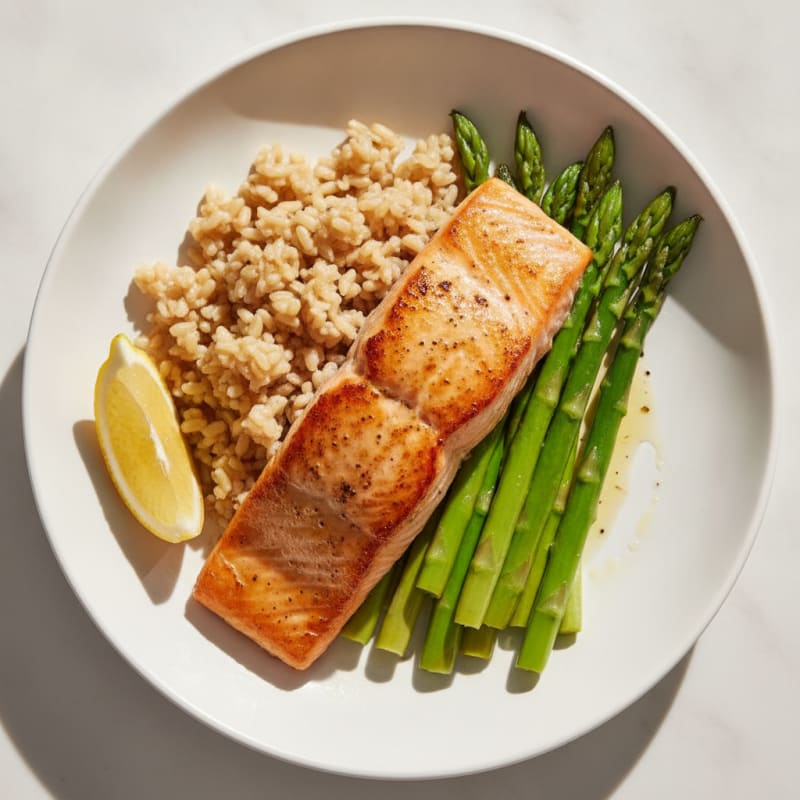 Seared Salmon with Steamed Asparagus and Brown Rice
