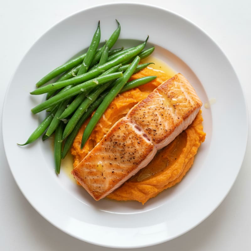 Seared Salmon with Steamed Green Beans and Sweet Potato Mash