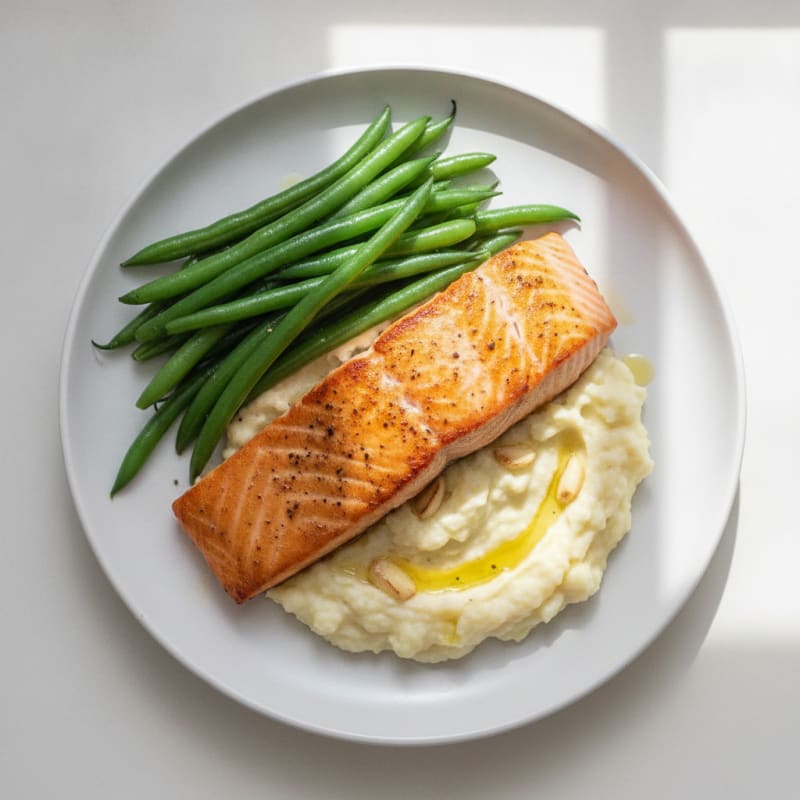 Seared Salmon with Steamed Green Beans and Garlic Mashed Cauliflower
