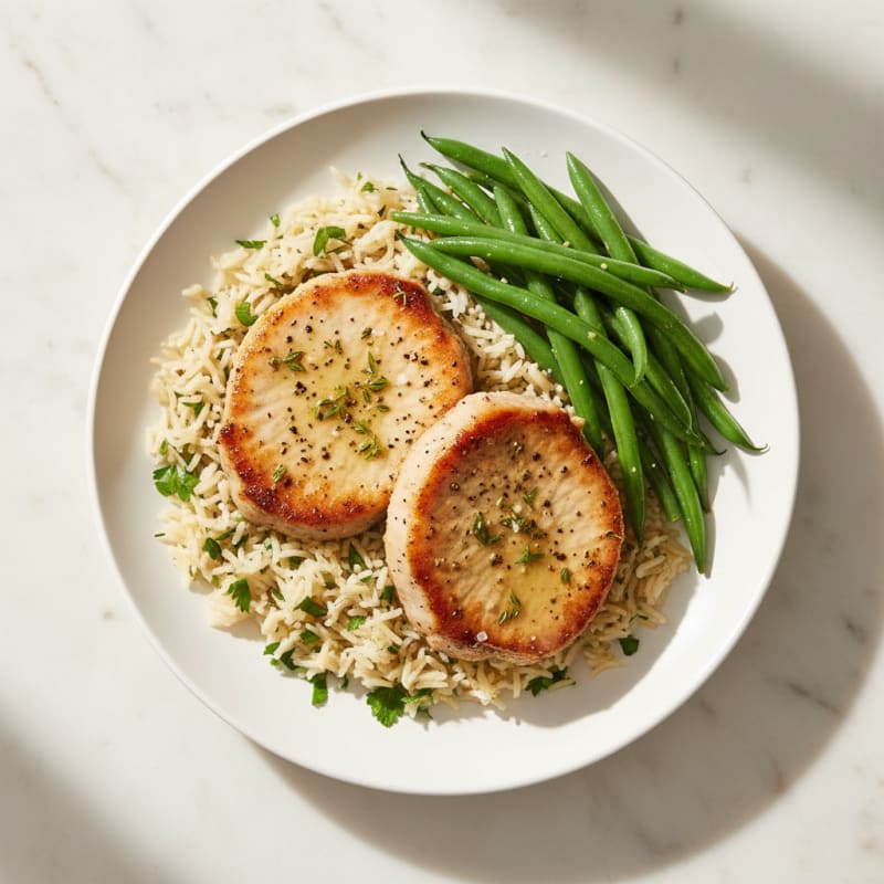 Golden Pan-Seared Pork Chops with Herbed Rice