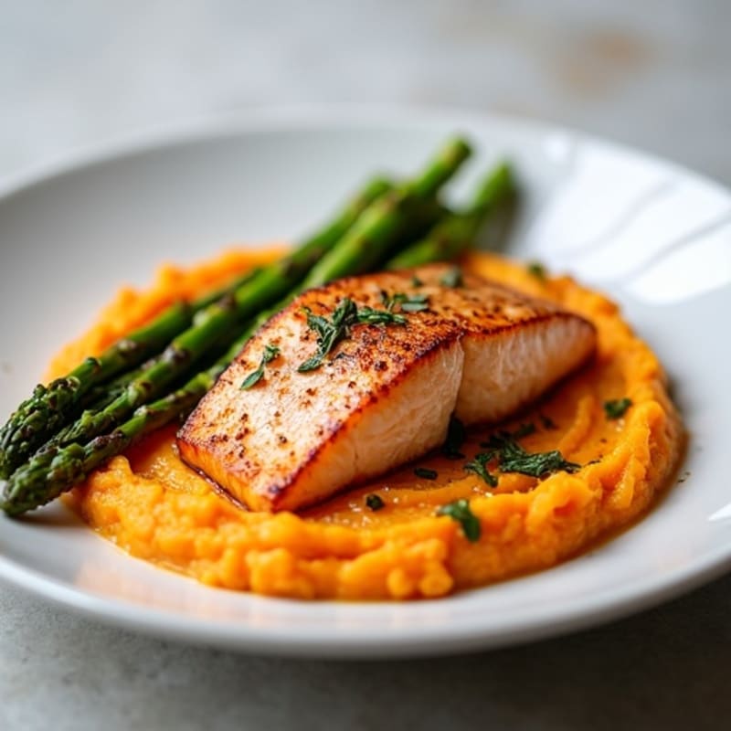 Seared Salmon Fillet with Roasted Asparagus and Sweet Potato Mash
