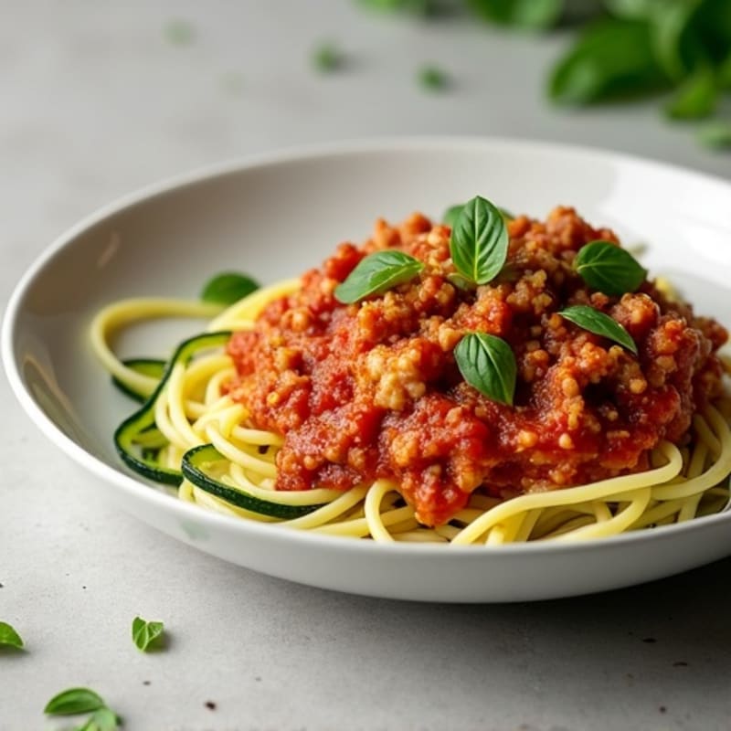 Lean Ground Turkey Spaghetti with Zucchini Noodles and Marinara