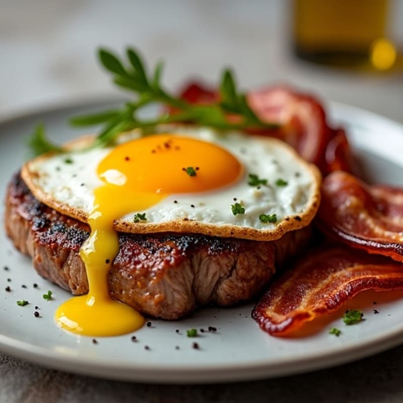 Pan-Seared Steak with Crispy Bacon and Fried Eggs