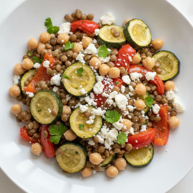 Creamy Lentil and Chickpea Salad with Feta and Roasted Vegetables