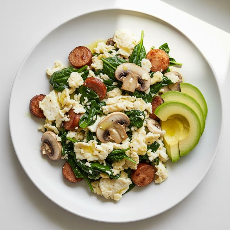 Egg White Spinach Scramble with Turkey Sausage and Sautéed Mushrooms