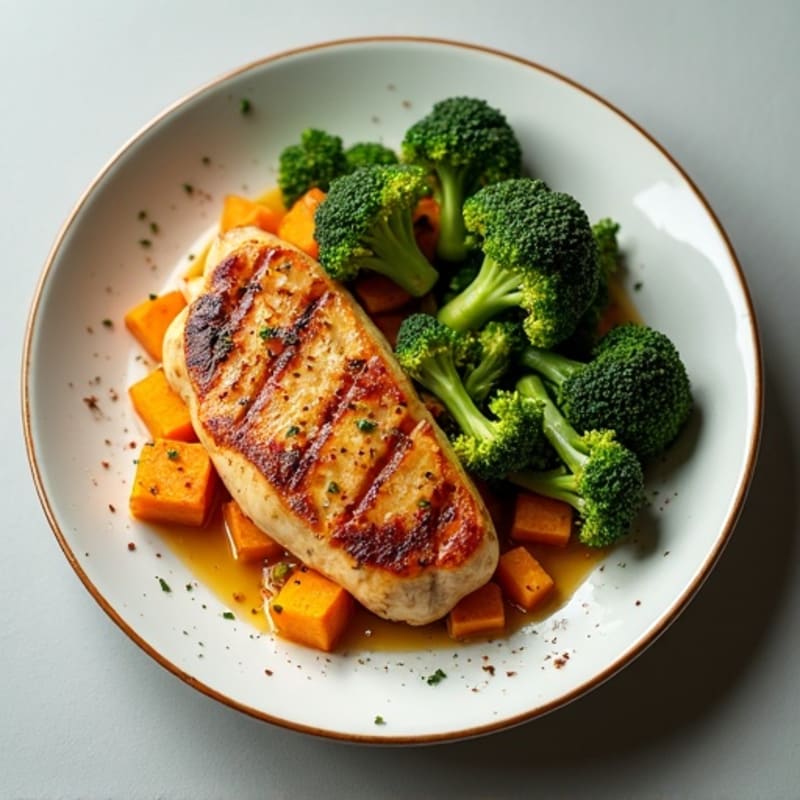 Roasted Japanese Sweet Potato and Chicken with Crispy Broccoli