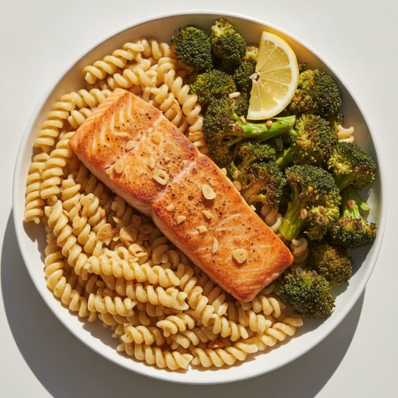 Seared Salmon with Roasted Broccoli and Chickpea Pasta