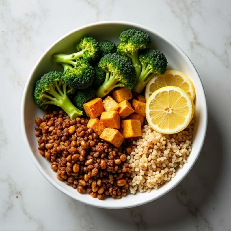 Crispy Lentil and Quinoa Power Bowl with Roasted Broccoli