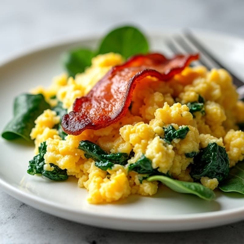 Cottage Cheese Egg Scramble with Spinach and Seared Turkey Bacon