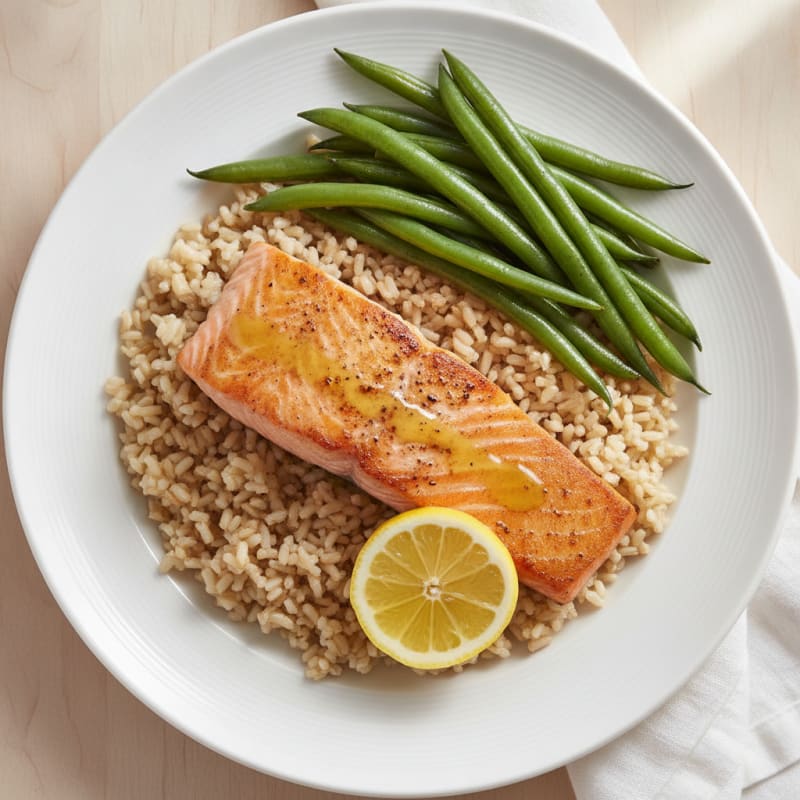 Seared Salmon Fillet with Steamed Green Beans and Brown Rice