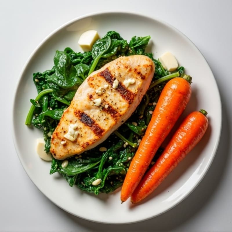 Pan Seared Chicken Breast with Creamy Spinach and Roasted Carrots