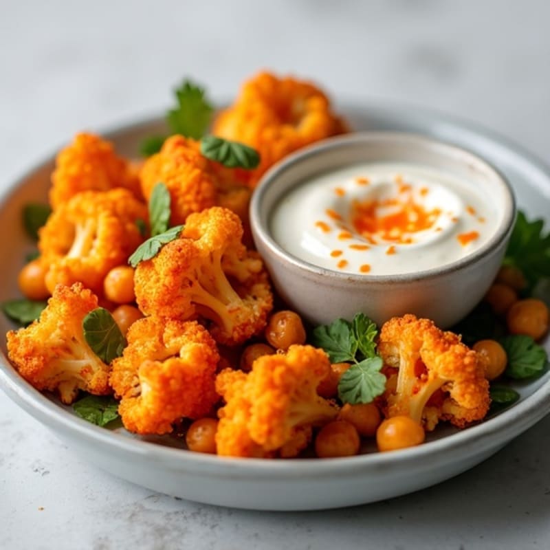Crispy Buffalo Roasted Cauliflower Bites with Chickpeas and Greek Yogurt Dip