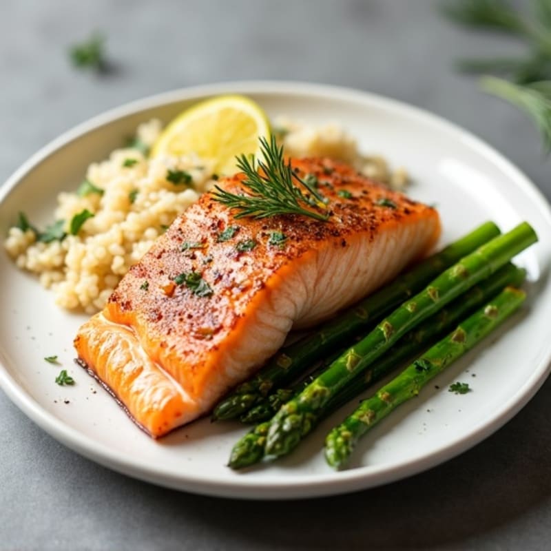 Seared Salmon Fillet with Herbed Brown Rice and Steamed Asparagus