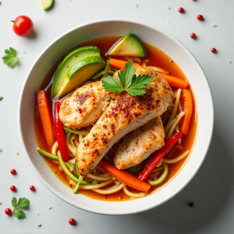 Spicy Sriracha Chicken and Fresh Vegetable Noodle Soup