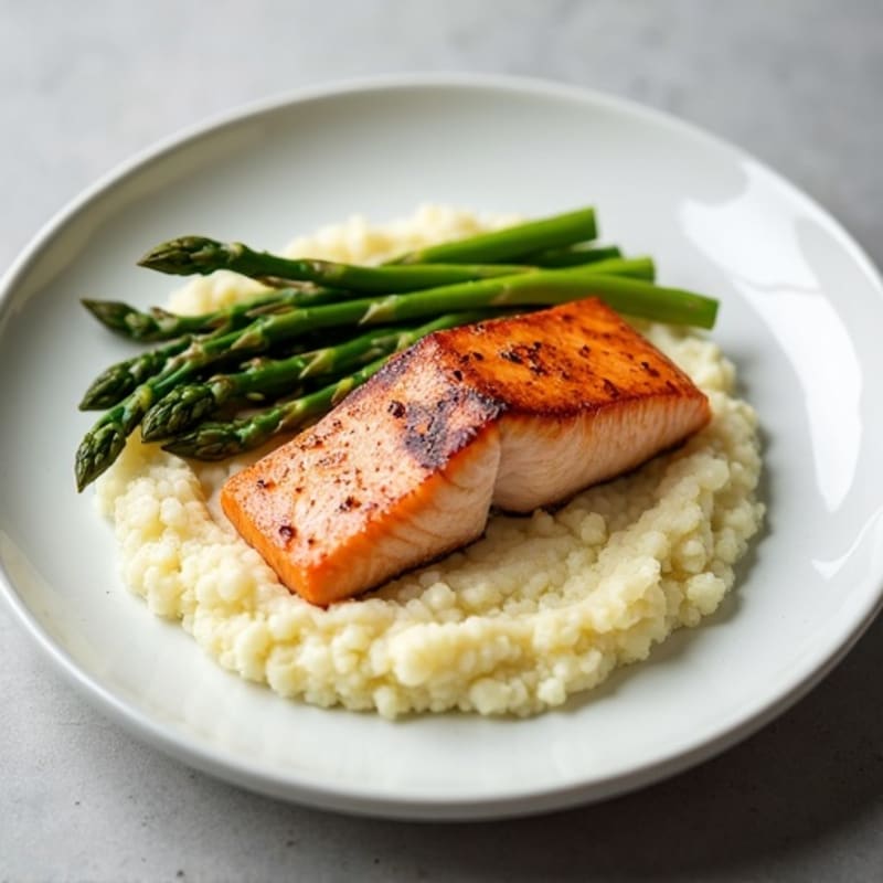 Seared Salmon with Steamed Asparagus and Cauliflower Mash