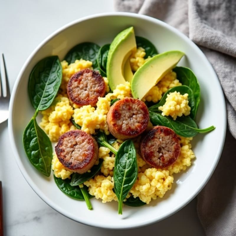 Cottage Cheese Scramble with Turkey Sausage and Baby Spinach