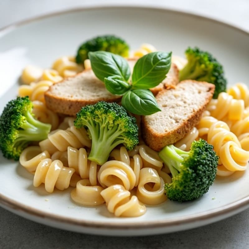 Lighter Creamy Chicken Pasta with Roasted Broccoli
