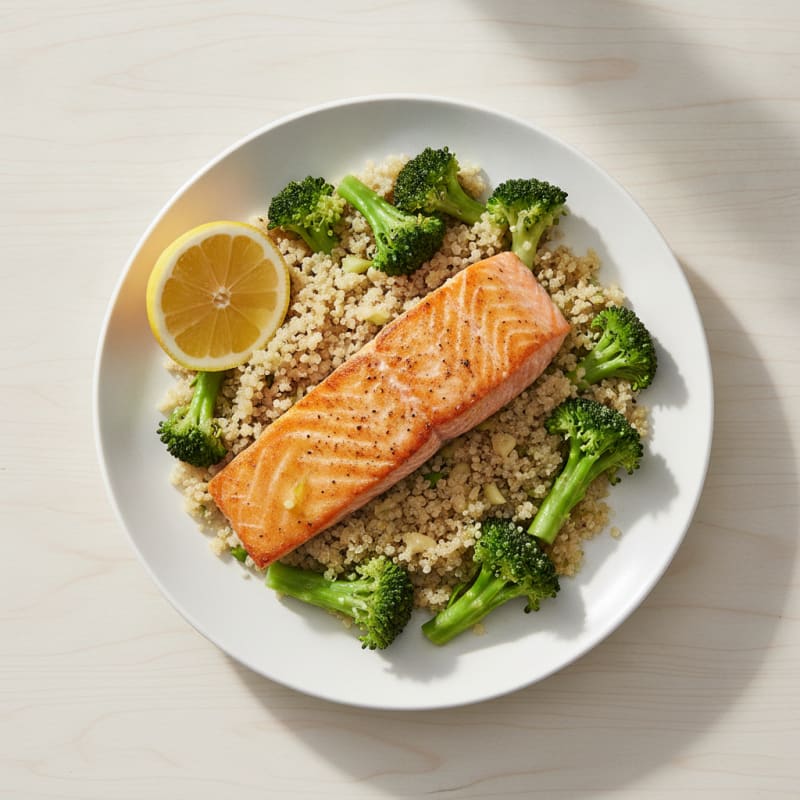 Seared Salmon with Steamed Broccoli and Garlic Quinoa