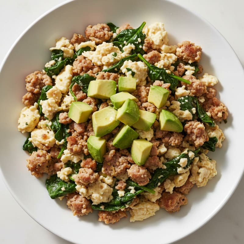 Egg White and Turkey Sausage Scramble with Baby Spinach