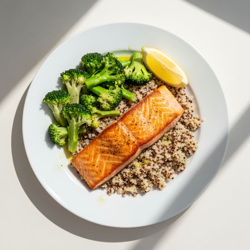 Seared Salmon with Steamed Broccoli and Quinoa