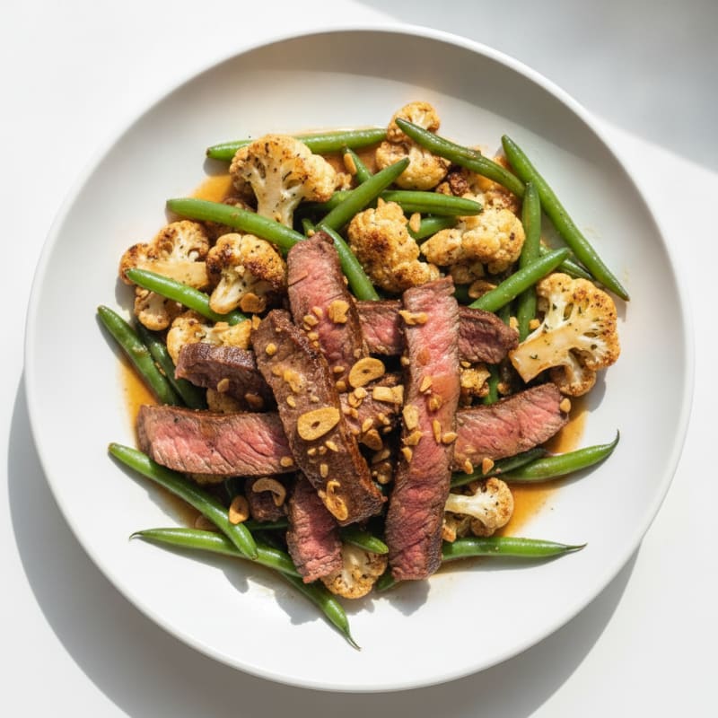 Seared Lean Beef Strips with Roasted Cauliflower and Green Beans