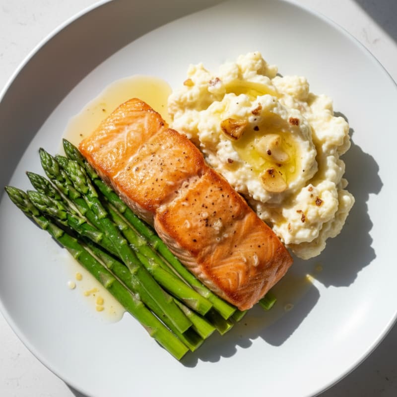 Seared Salmon with Steamed Asparagus and Garlic Mashed Cauliflower