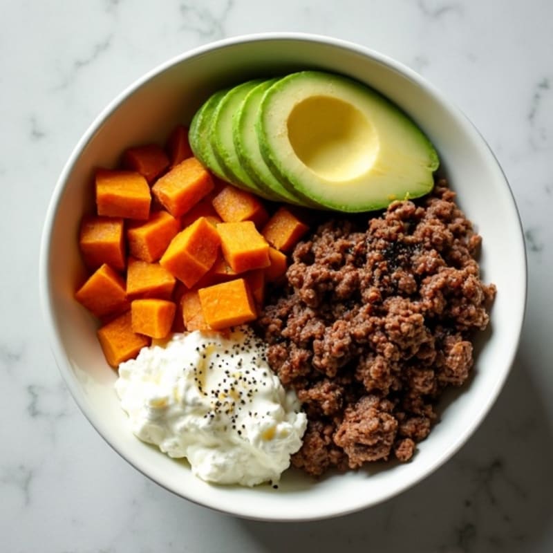 Ground Beef and Sweet Potato Bowl with Creamy Cottage Cheese and Fresh Avocado