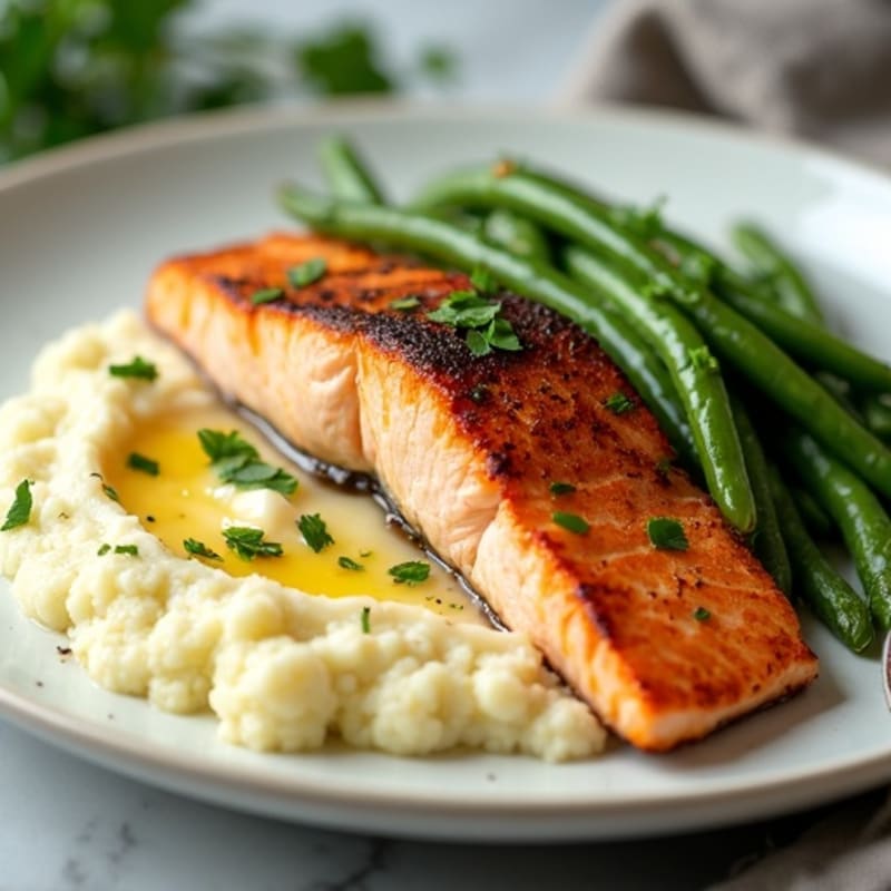 Seared Salmon with Garlic Green Beans and Cauliflower Mash