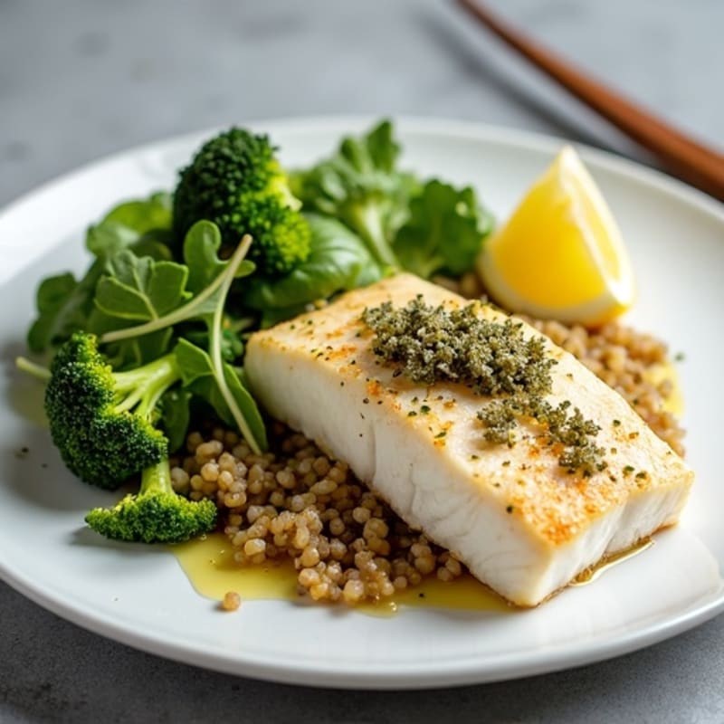 Pan-Seared White Fish with Roasted Broccoli, Herb Quinoa & Mixed Salad