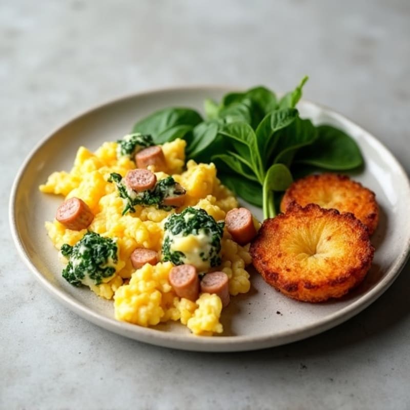 Egg White Scramble with Spinach, Turkey Sausage & Baked Hash Browns