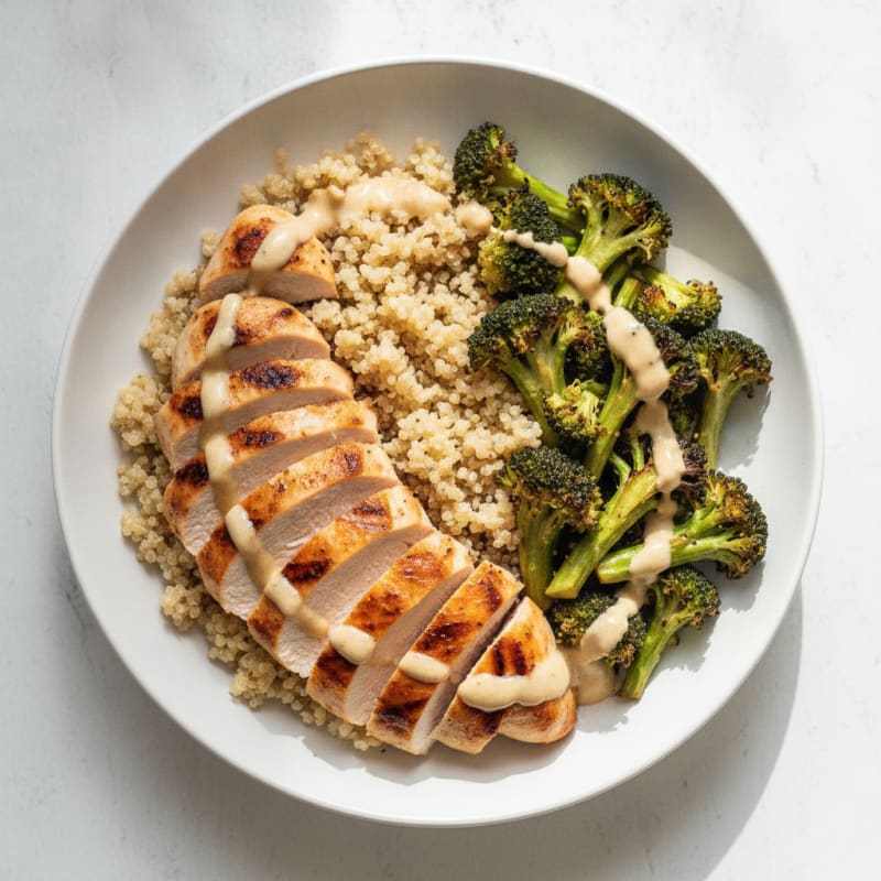 Grilled Chicken and Quinoa Bowl with Roasted Broccoli and Lemon Tahini Drizzle