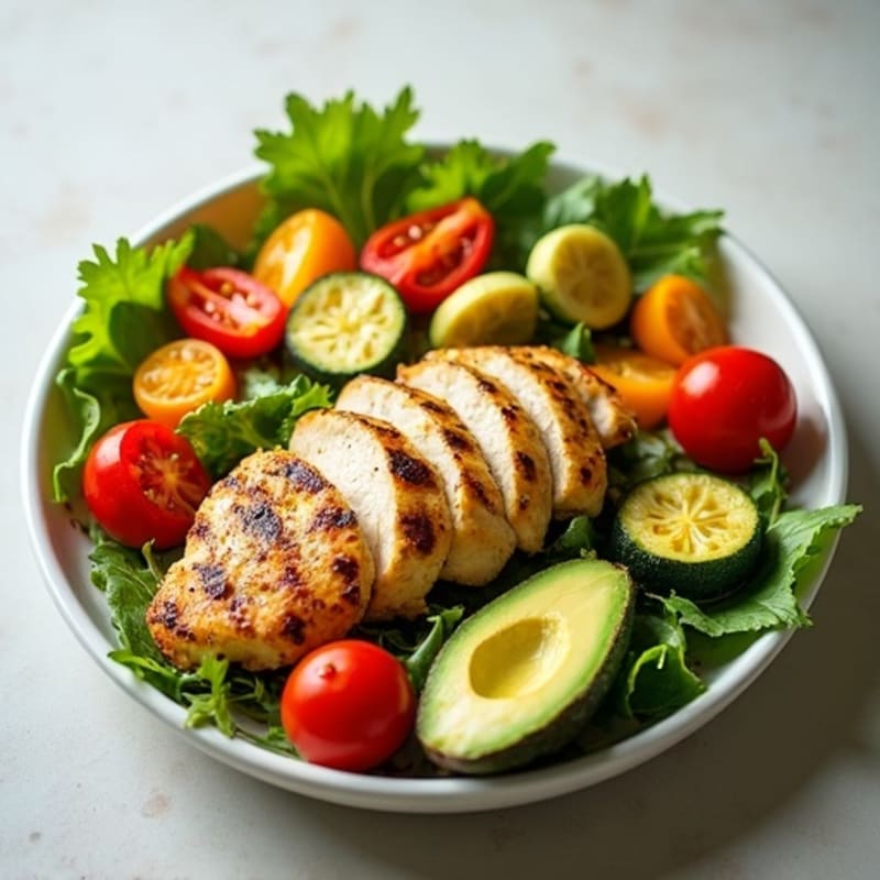 Grilled Chicken and Roasted Vegetable Salad with Creamy Avocado Dressing