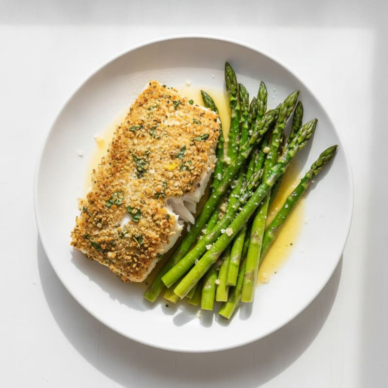 Basil-Crusted Halibut with Lemon Asparagus
