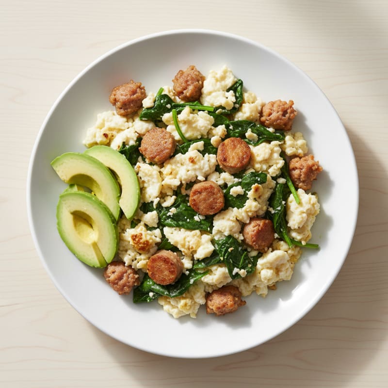 Egg White and Turkey Sausage Scramble with Sautéed Spinach