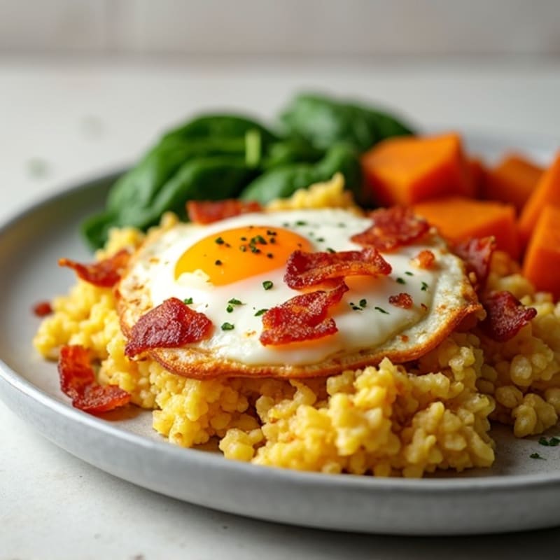Crispy Turkey Bacon and Egg White Scramble with Roasted Sweet Potatoes